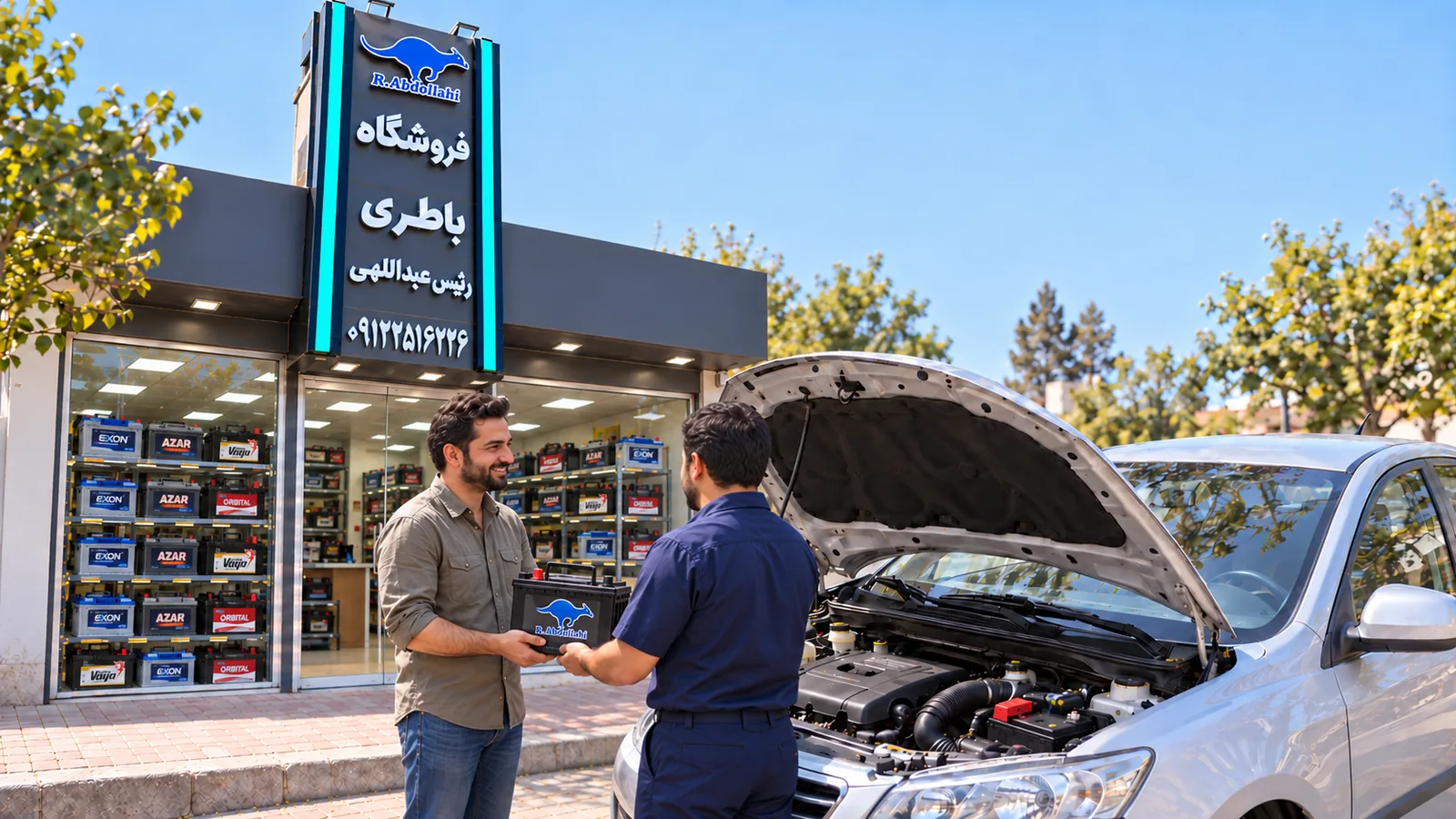تحویل باتری به مشتری در مقابل فروشگاه باتری رئیس عبداللهی